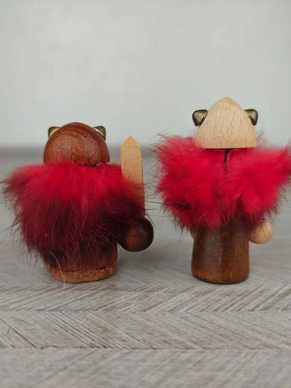 Vintage Lot Of 2 Miniature Teak Wooden Viking Figurines Helmets Swords Denmark